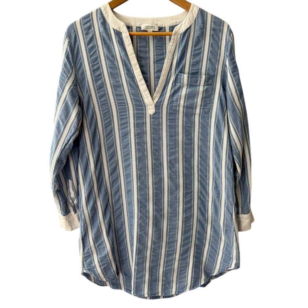 Haven Well Within V-Neck Pintuck Long Sleeve Striped Top Blue‎ Size Medium